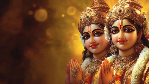 Divine twin deities in ornate gold regalia, radiant bokeh field.
