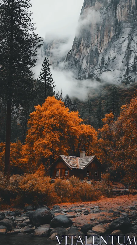 Fog-draped mountain cabin cradled in ember-bright forest hush.