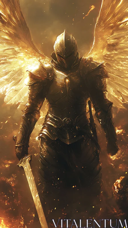 Armored winged figure with sword in fiery illuminated scene.