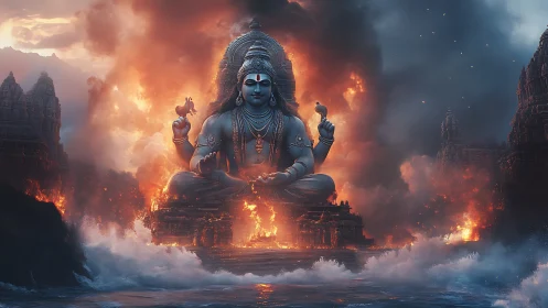 Colossal blue deity statue dominates fiery ocean temple.