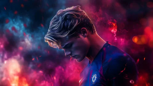 Side-lit footballer amid neon bokeh, volumetric colored smoke