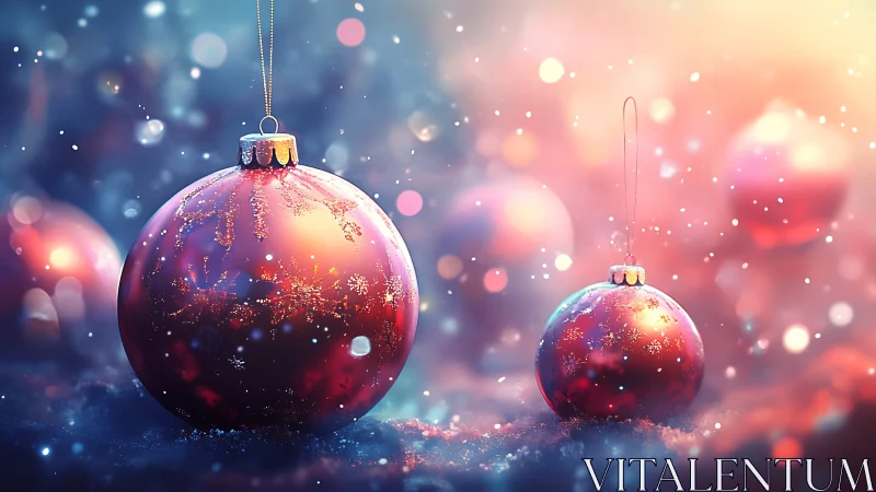 Glowing Christmas baubles shimmer in a dreamy winter haze