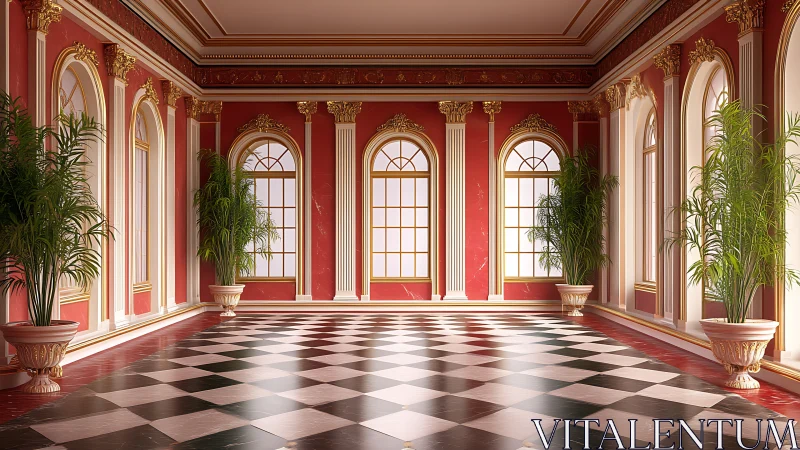 Grand red ballroom glows with light and neoclassical splendor