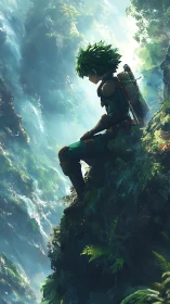 Young explorer scans misty canyon from lush cliff edge.