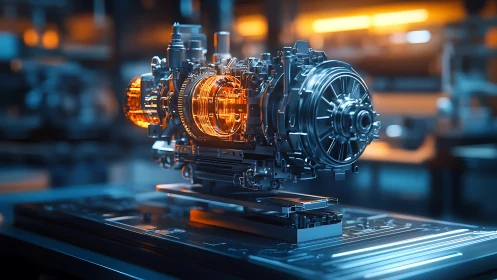 High-fidelity 3D render of illuminated modular turbine drivetrain