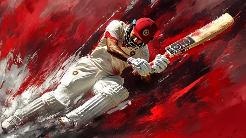 Cricket comet in crimson storm, bat carving a blazing arc.