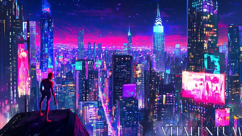 Silhouetted figure observes neon futuristic city skyline at dusk