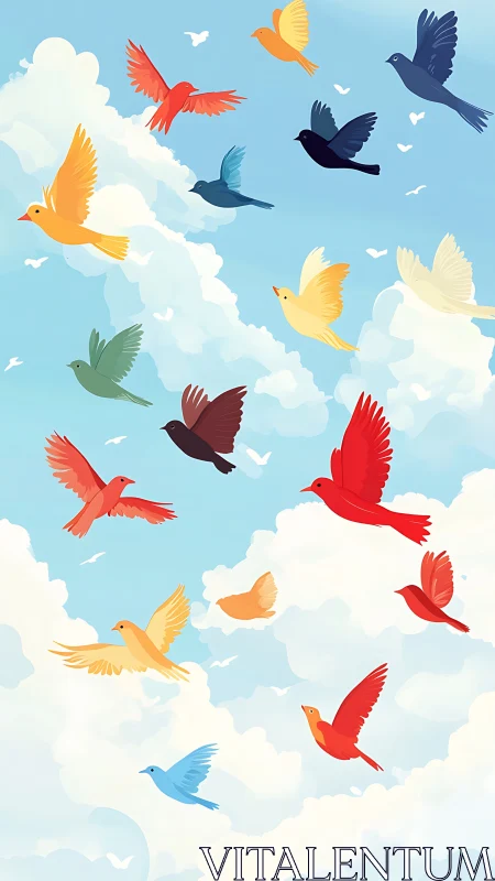 Color-saturated vector flock ascends across stylized sky