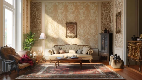 Sunlit vintage salon where cozy elegance quietly glows.