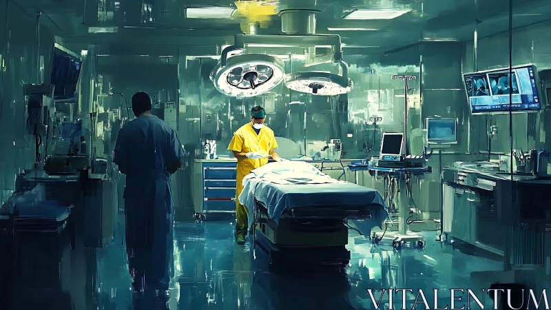 Surgeons work under cold lights in a futuristic operating room