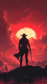 Lone gunfighter silhouetted against vast red sunset sky.