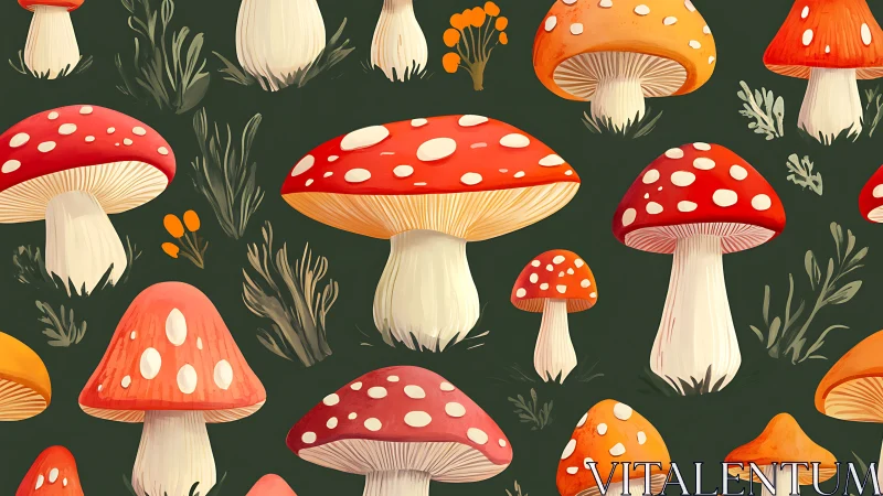 Cheerful forest mushrooms dancing across dark green.