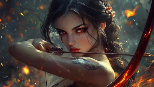 Fiery eyed female archer draws glowing bow in battle