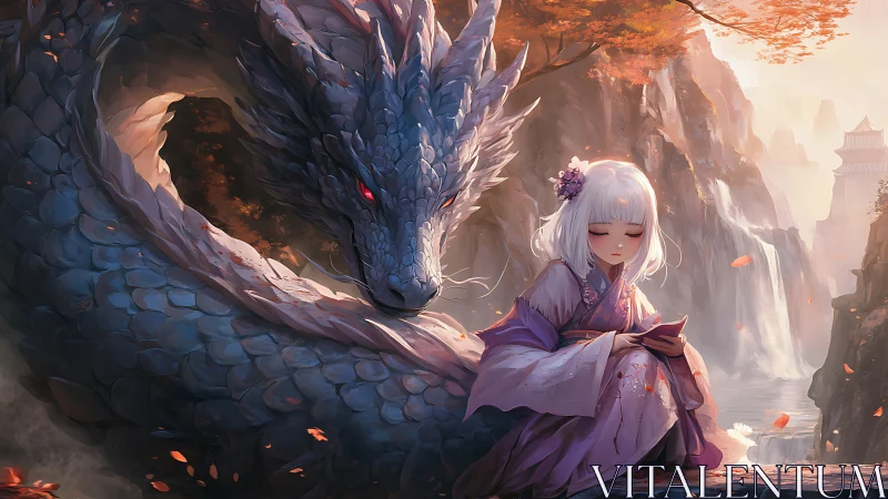 Serene shrine maiden rests beside her vigilant dragon guardian.