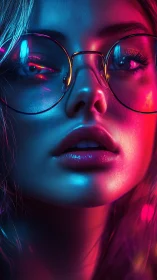 Neon rim-lit female portrait with reflective glasses closeup