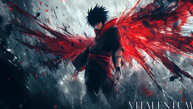 Dark-clad figure with red energy wings in stormy field.
