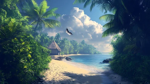 Tropical Island Lagoon With Palm Framed Shoreline