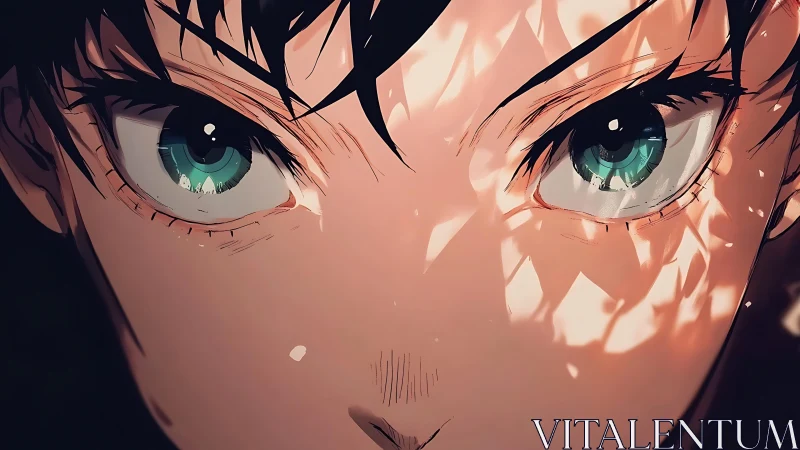 Emerald eyes ignite under shattered light and quiet fury.