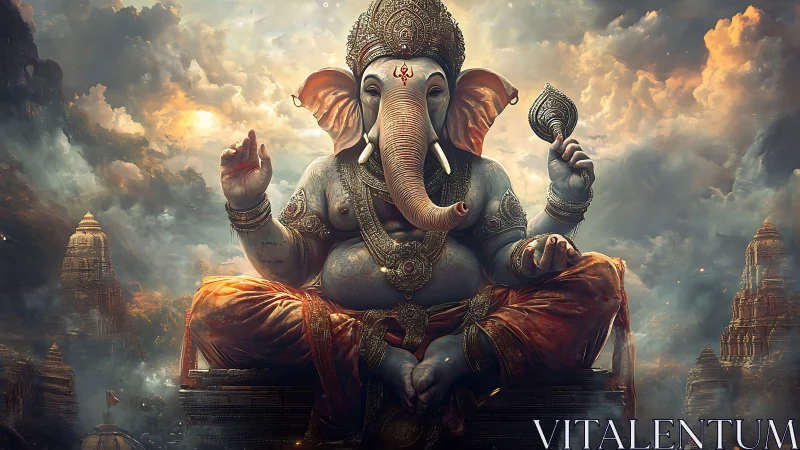 Majestic Lord Ganesha seated amid mystical temple clouds.