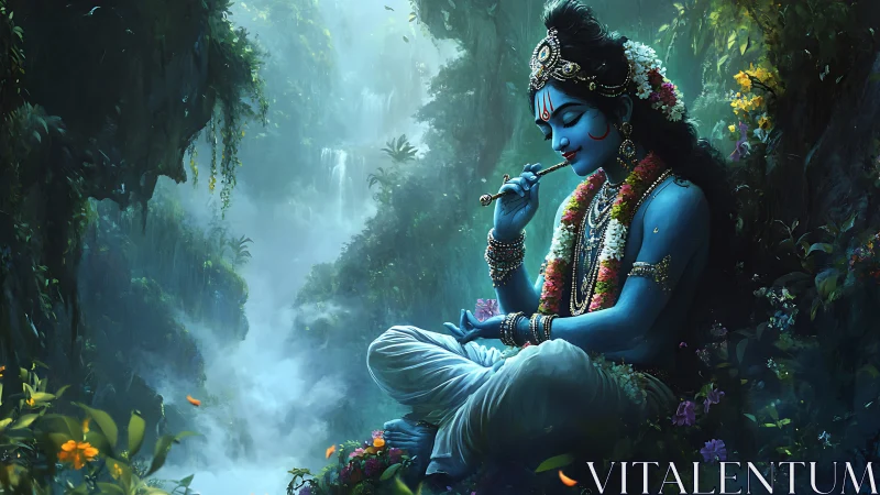 Blue-skinned deity plays flute in luminous jungle gorge