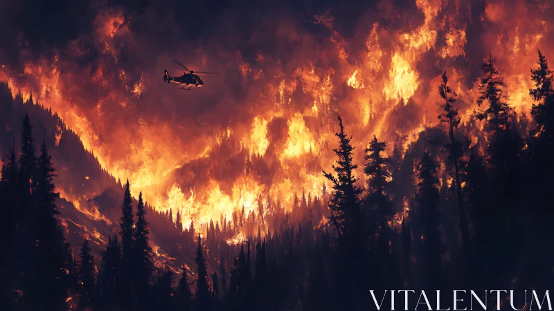 Massive wildfire engulfing boreal forest terrain with helicopter aerial rescue operations