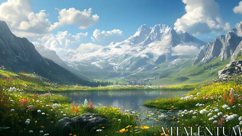 Alpine wildflower lake rests below towering snowy peaks.