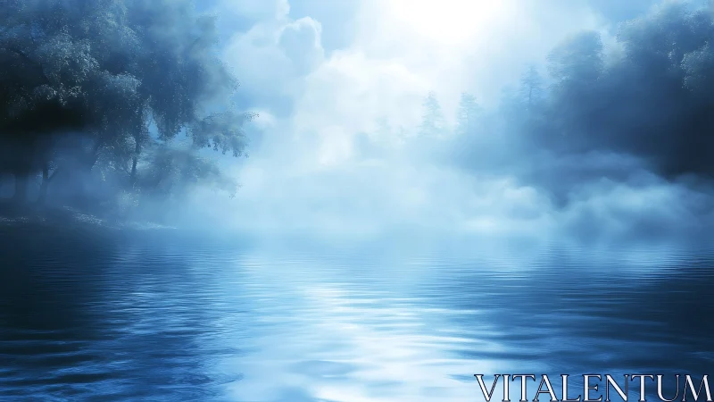 Gentle blue mist drifting over a quiet sunlit lake.