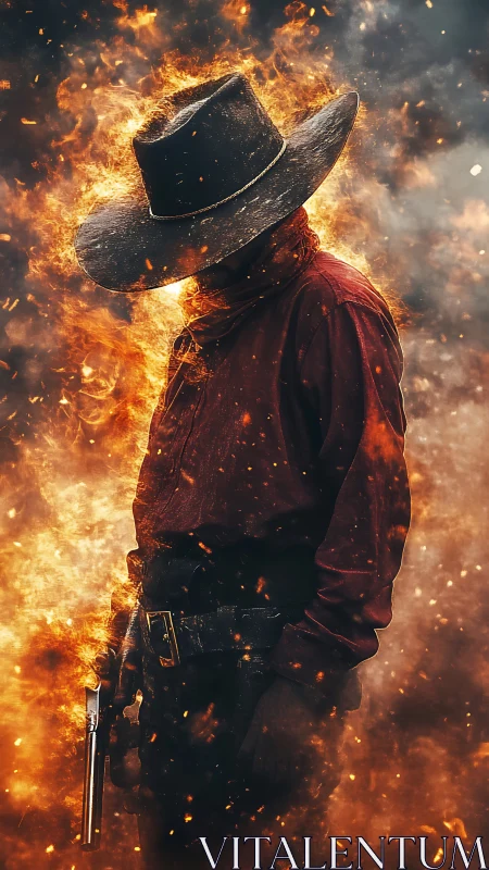 Lone fiery cowboy wrapped in embers and quiet resolve.