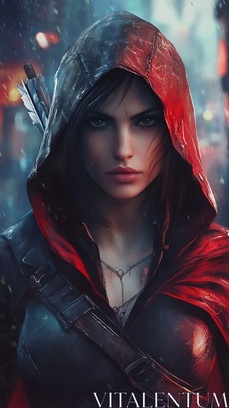 Hooded archer stands in rain with red cloak and gear visible