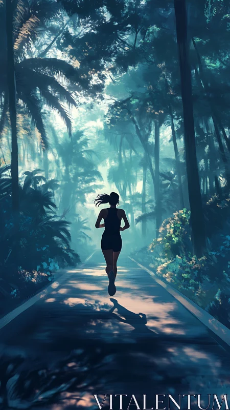 Silhouetted runner on forest path amid dense tropical foliage.