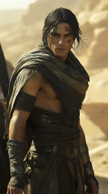 Scarred desert warrior stands in harsh sidelight among dunes