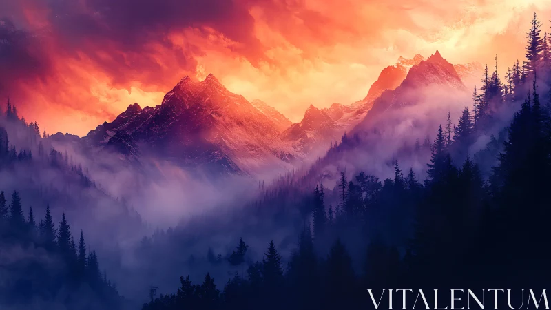 Sunlit mountain ridge rises above conifer forest and mist