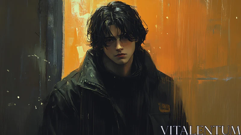 Moody young man in a coat stands against glowing orange wall