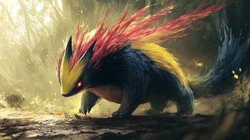 Quadruped creature with fiery dorsal spines in forest light.