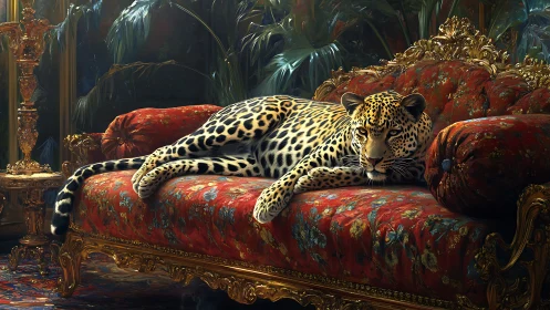 Leopard Rests on Ornate Red Chaise Lounge. Opulent Interior.