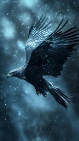 Dark eagle soars through heavy blue winter snowfall.