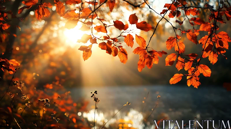 Backlit autumn leaves glow over soft focus forest water