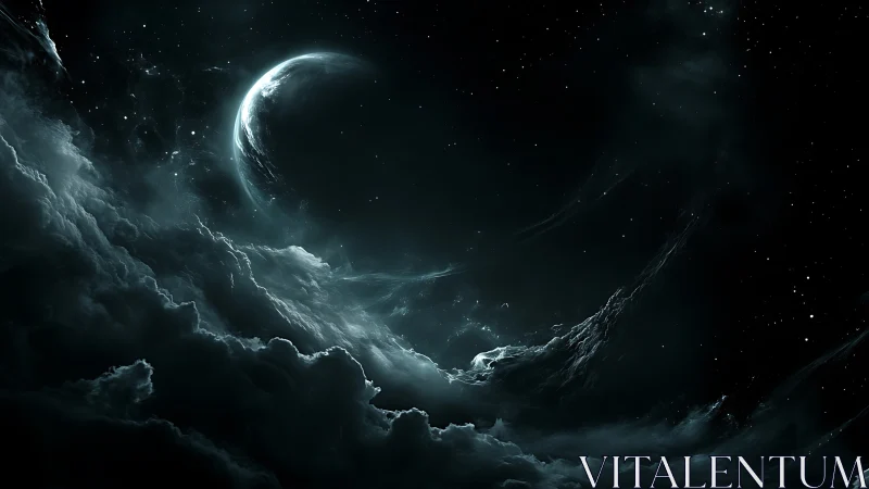 Crescent exoplanet above turbulent luminous nebular clouds