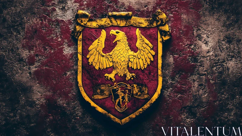 Golden eagle heraldic shield on textured red stone wall.