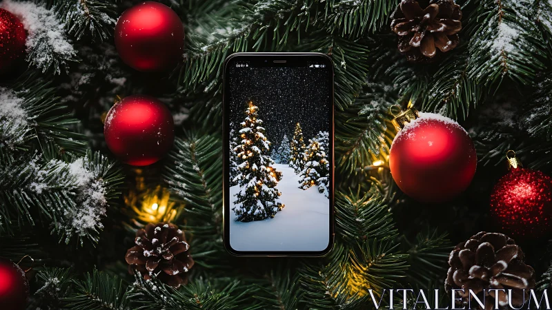 Smartphone in Christmas tree branches with red ornaments.