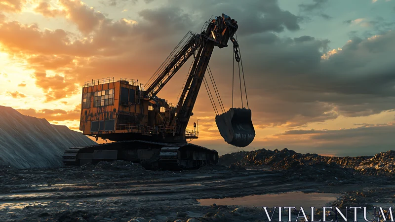 Sunlit dragline excavator dominating industrial mining site.