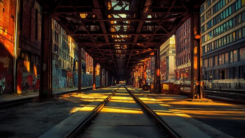 Elevated urban rail structure over empty city tracks.