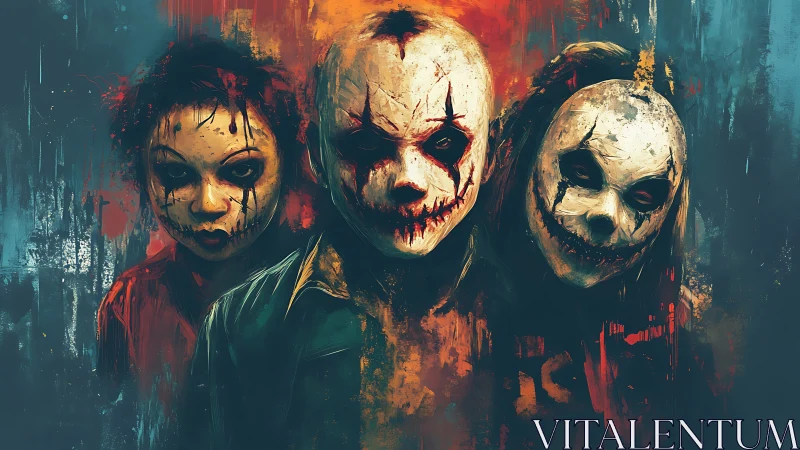 Three masked figures emerge from abstract neon horror backdrop