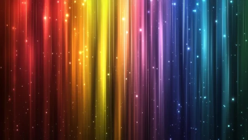 Vibrant rainbow light beams with sparkling particle effects, digital art.