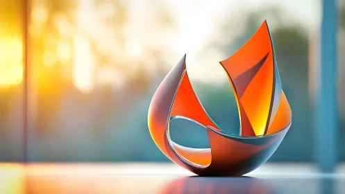 Modern abstract orange glass sculpture with sunlight background.