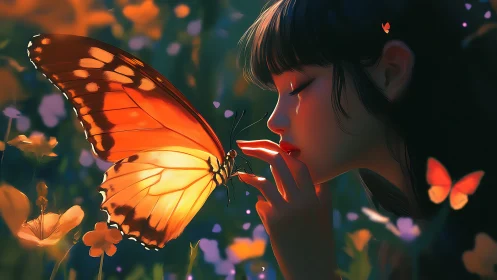 Soft sunset girl and glowing butterfly in quiet bloom.