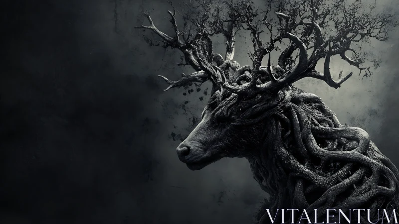 Ancient forest stag emerges with antlers woven from living roots