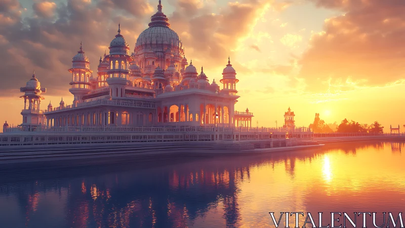 Lakeside domed palace complex under low sunset light.