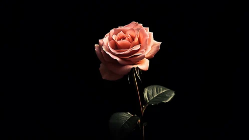Coral rose blooms against dramatic black background.
