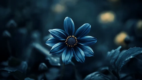 Deep blue daisy glows with golden center in moody night garden.
